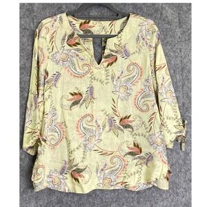 J. Jill Love Linen Floral Paisley Print Top Yellow 100% Linen Blouse XS Coastal